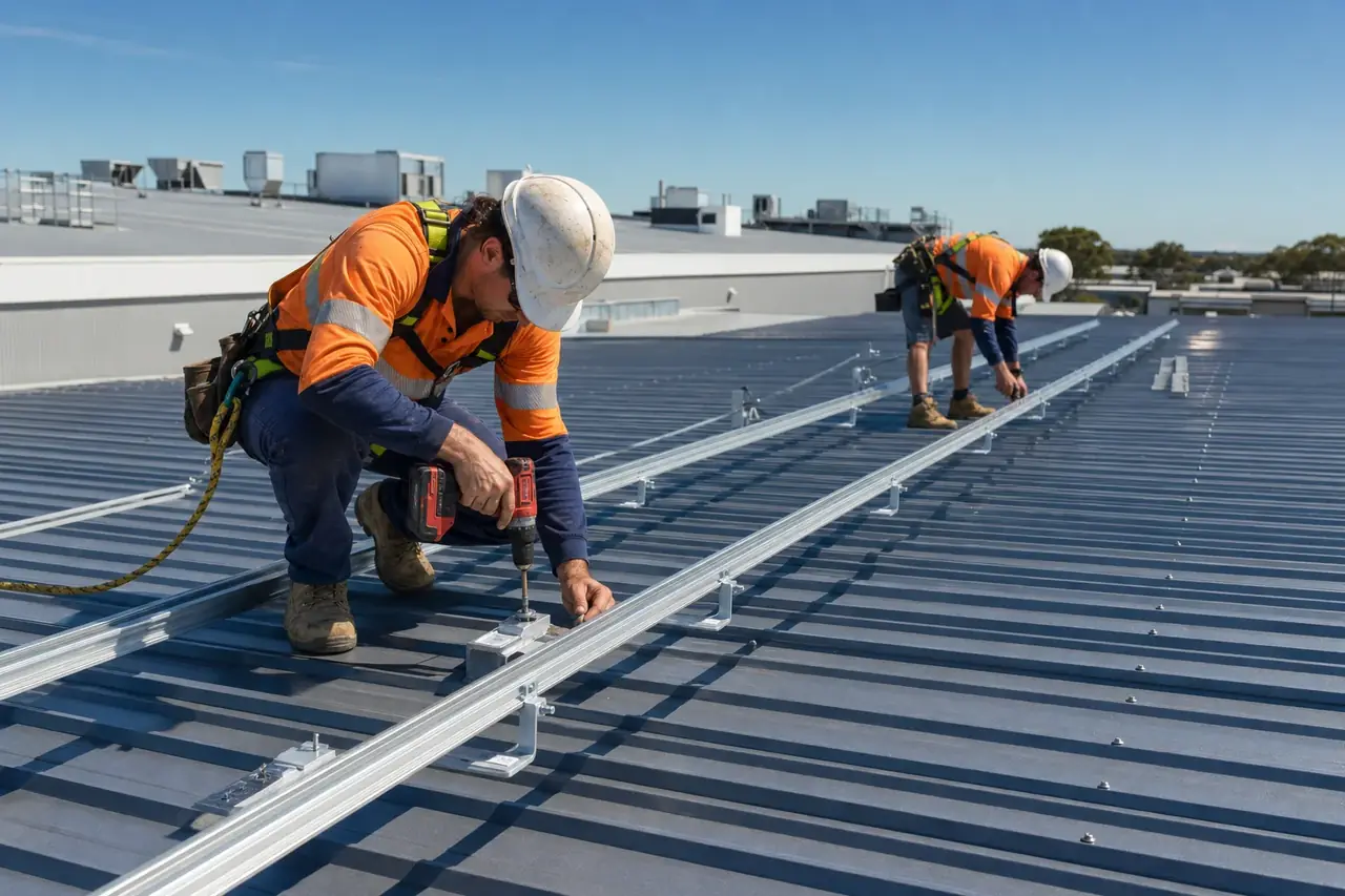 Solar mounting on a flat commercial roof using tilt frames on a Gold Coast building