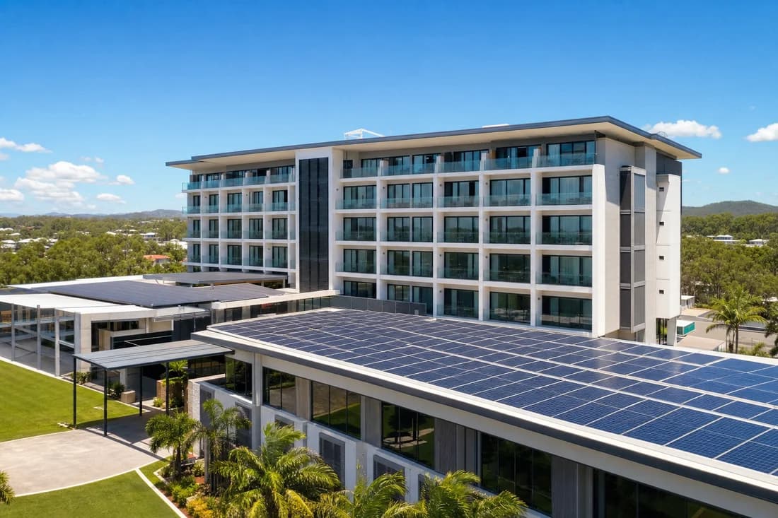 A hotel building with a rooftop solar array above the upper floor
