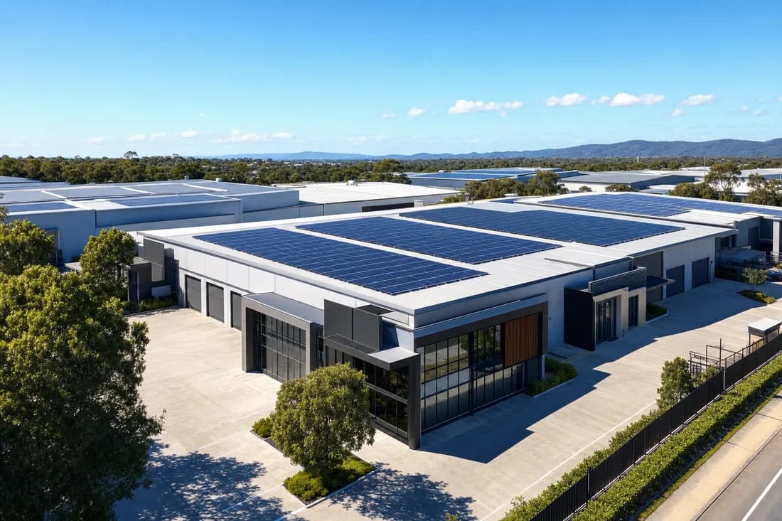 An industrial estate with solar arrays across several adjoining rooftops