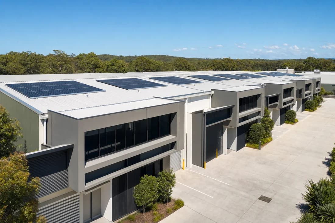A row of industrial units, each with panels fitted across its roof