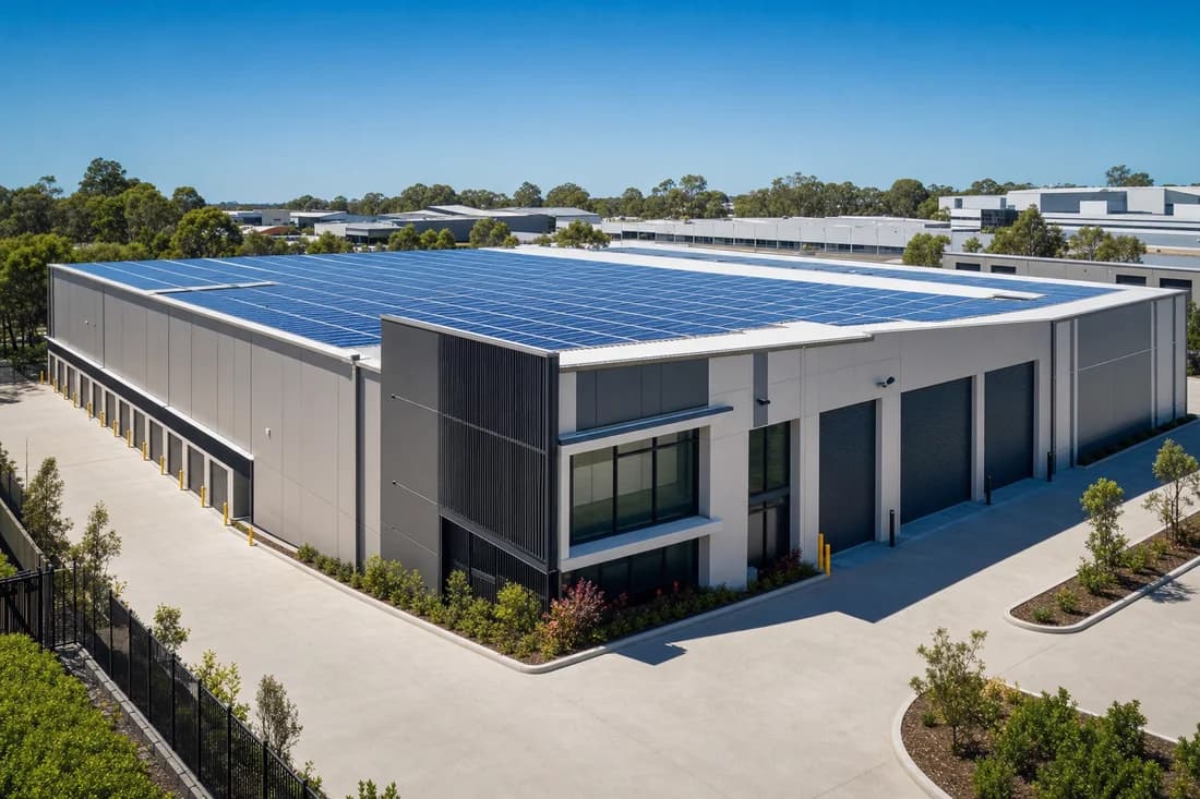 A large single-storey storage building with panels running the length of the roof