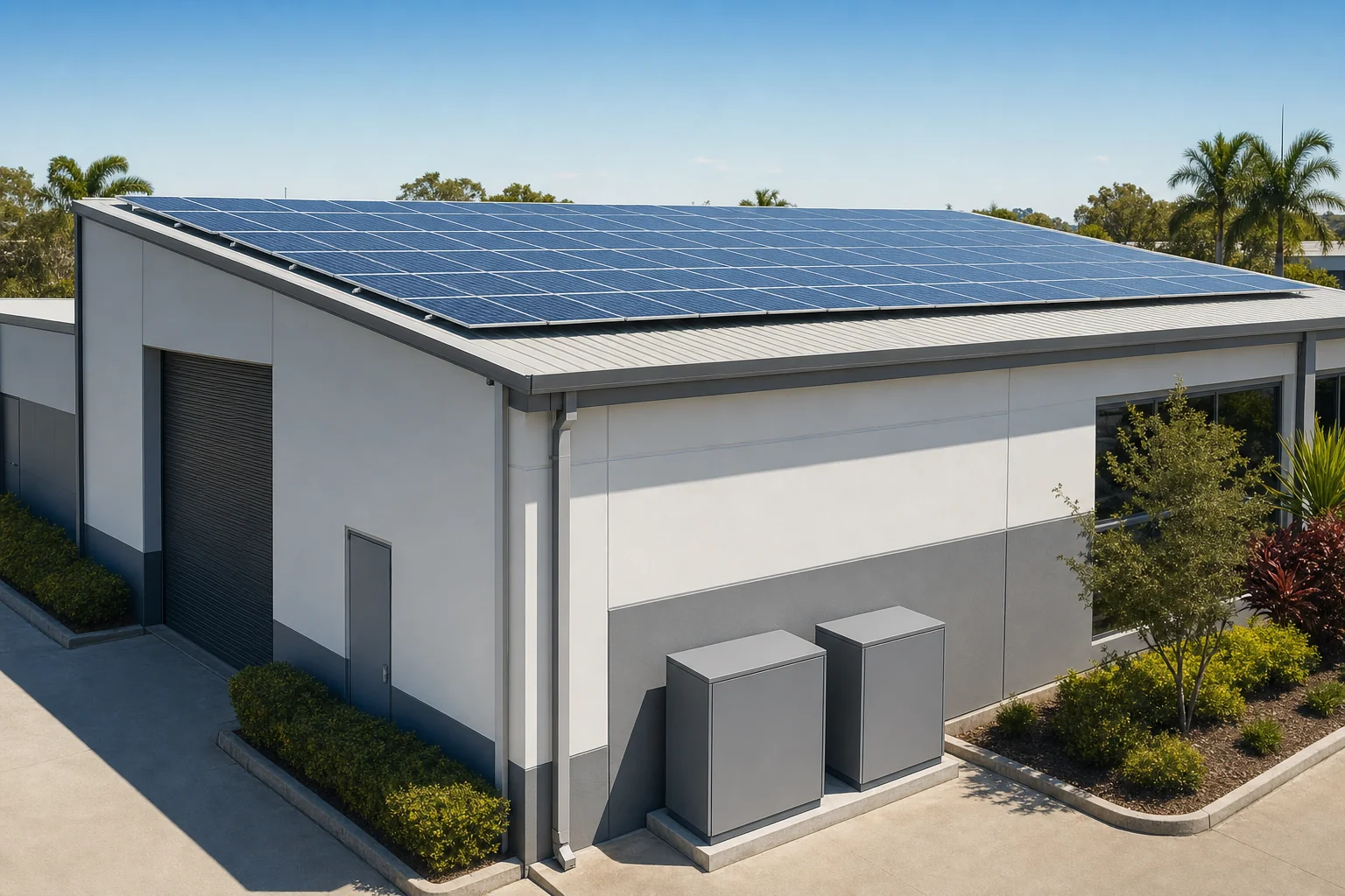 Gold Coast commercial building with a rooftop solar array and battery storage cabinets at ground level