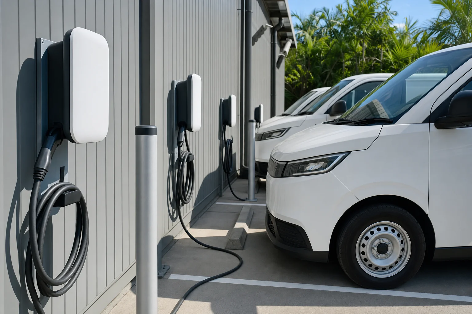 Electric work vans parked at a commercial depot beside wall-mounted EV charging units