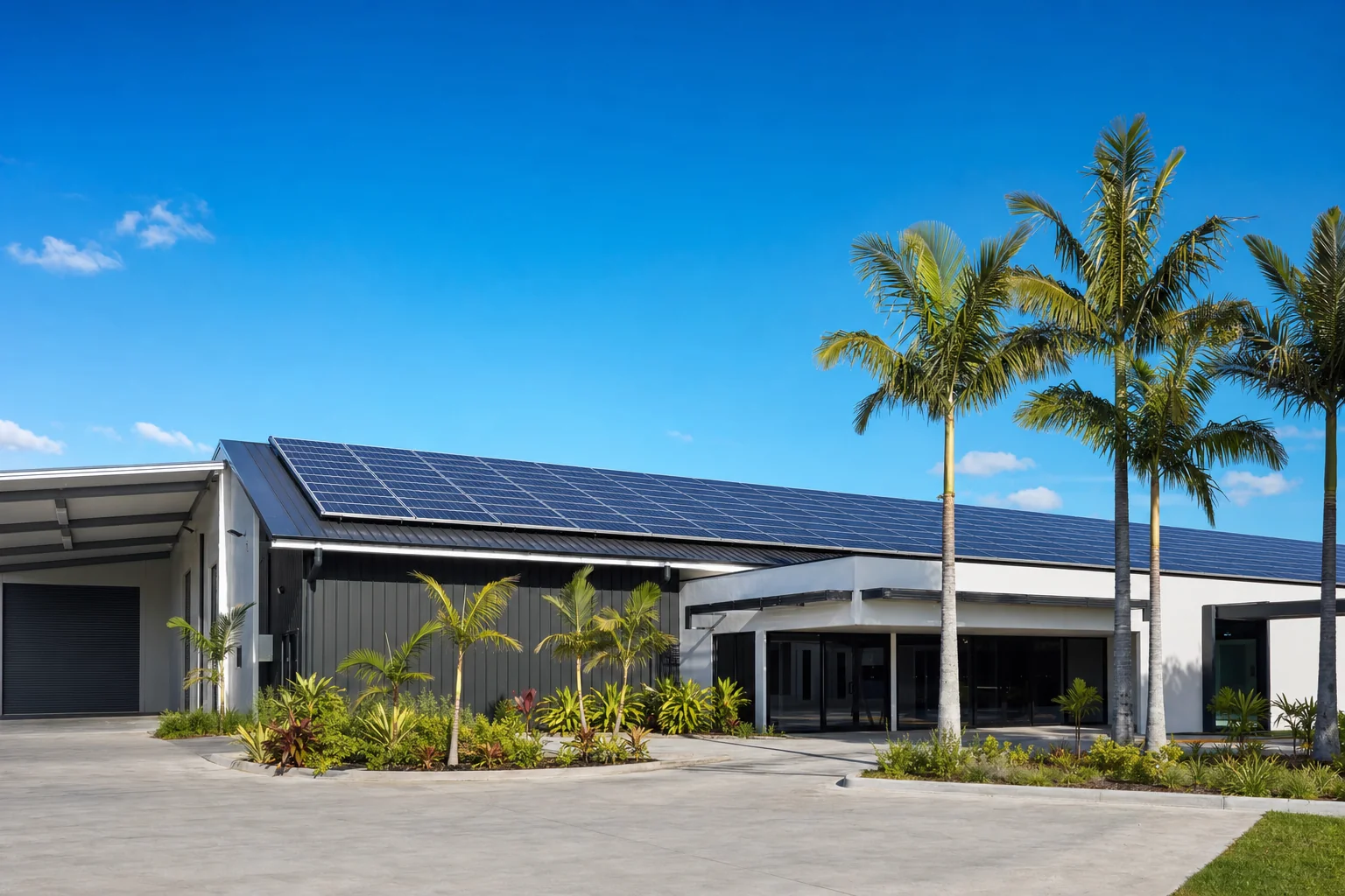 Solar panels on a Gold Coast commercial building roof under a clear Queensland sky