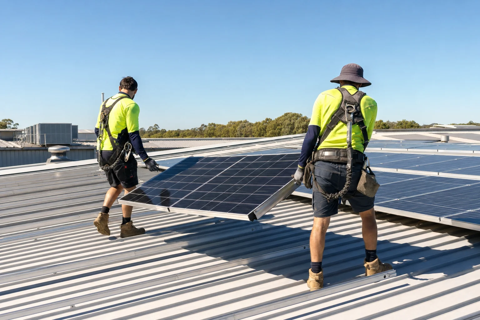 Installers positioning a solar panel on a commercial factory roof