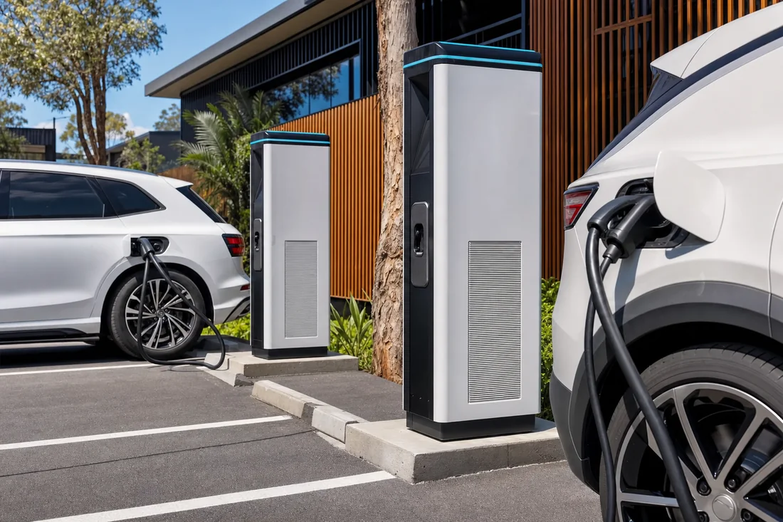 Commercial DC fast EV charging stations in a Gold Coast car park