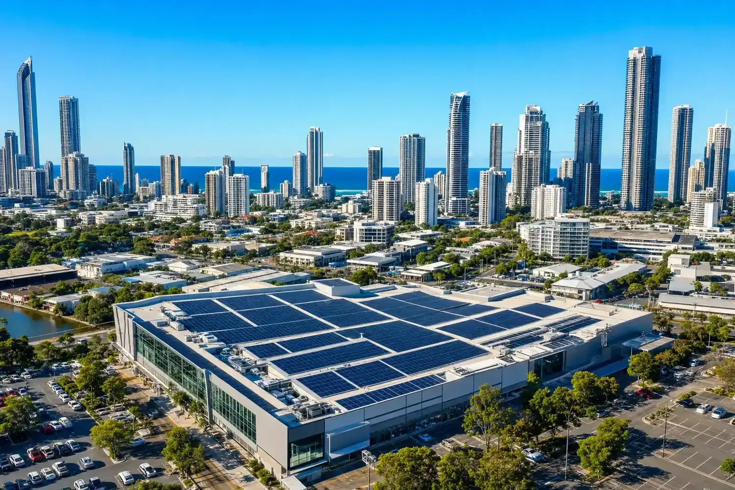 Gold Coast skyline with commercial rooftop solar